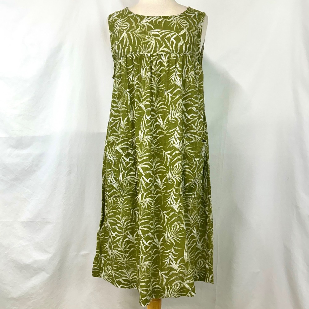 VERMONT COUNTRY STORE Green Leaf Print 100% Cotton Sleeveless Midi House Dress M
